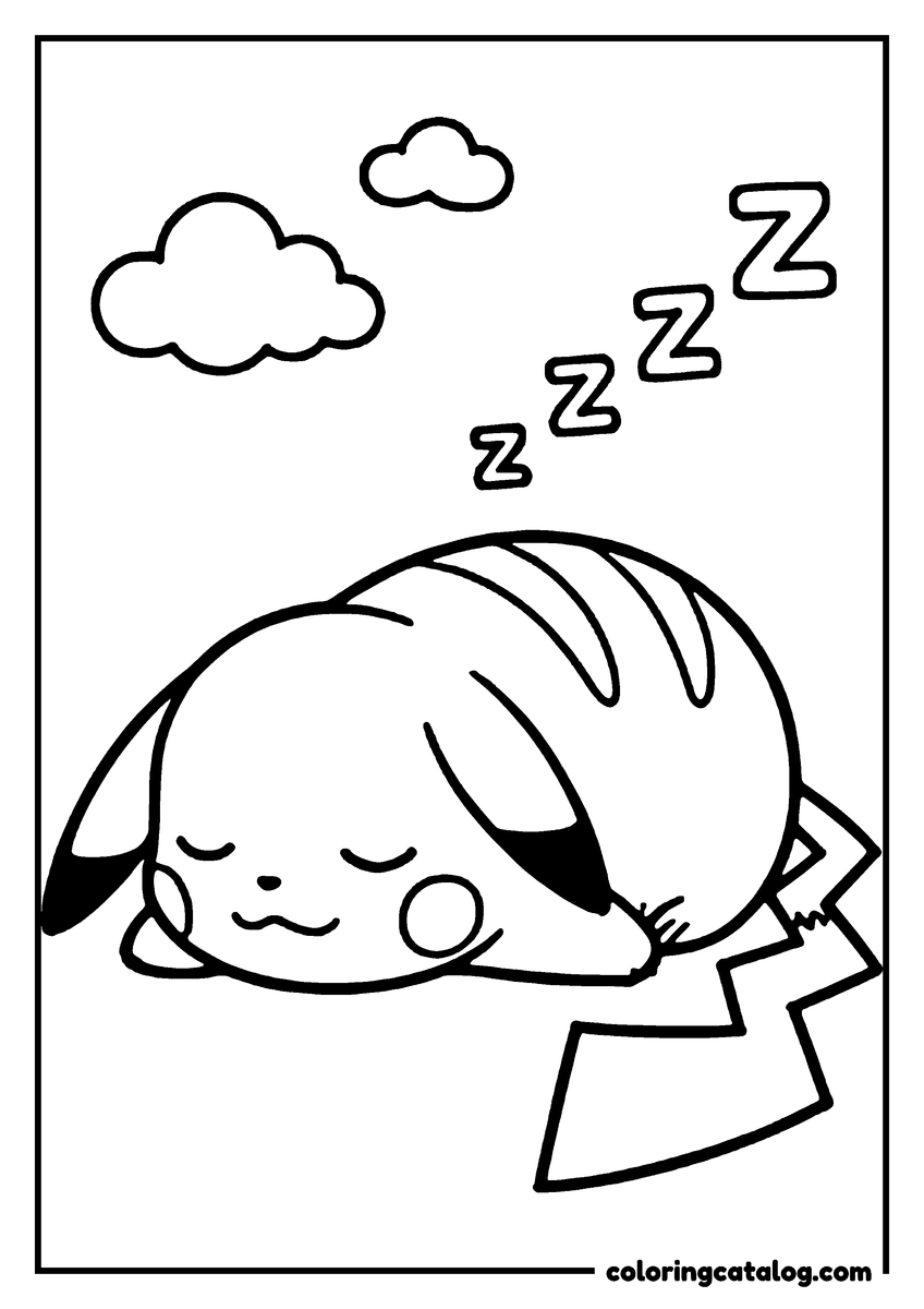 Free printable coloring sheet: Pikachu curled up asleep with its lightning-bolt tail tucked in, under a cloud and three rising Zs