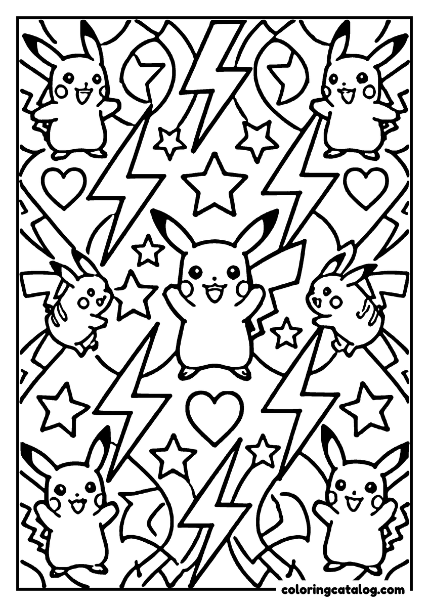 Printable coloring page: Pikachu, a popular Pokémon character, surrounded by stars, hearts, and lightning bolts, all in a playful and vibrant setting