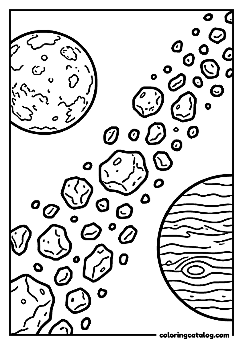 Printable coloring page: The asteroid belt between two planets