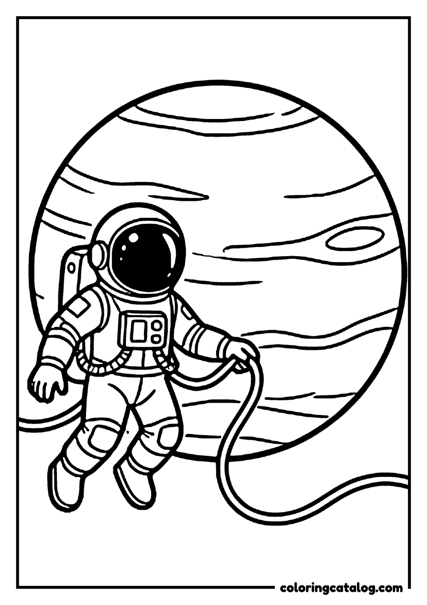 Printable coloring page: An astronaut on a spacewalk in front of a striped planet