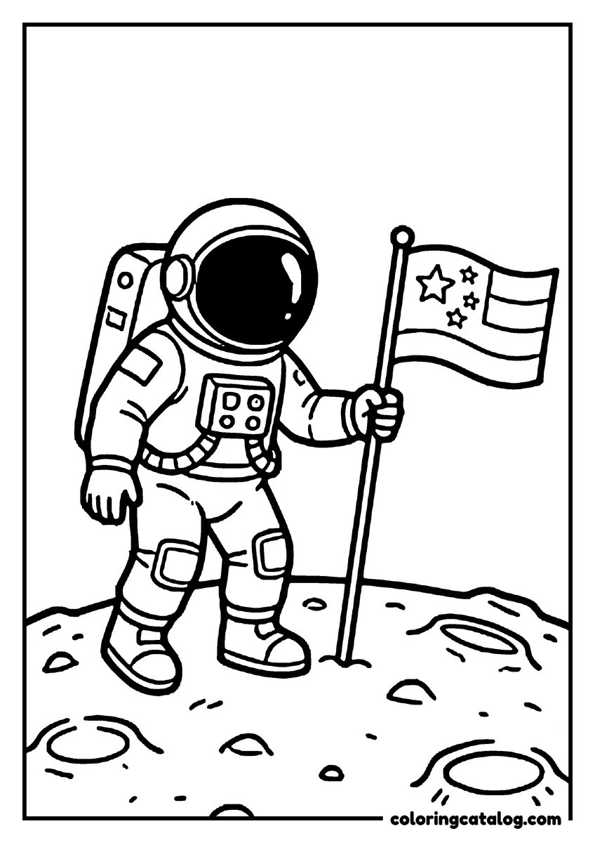 Free Planet coloring sheet: An astronaut planting a flag on the moon