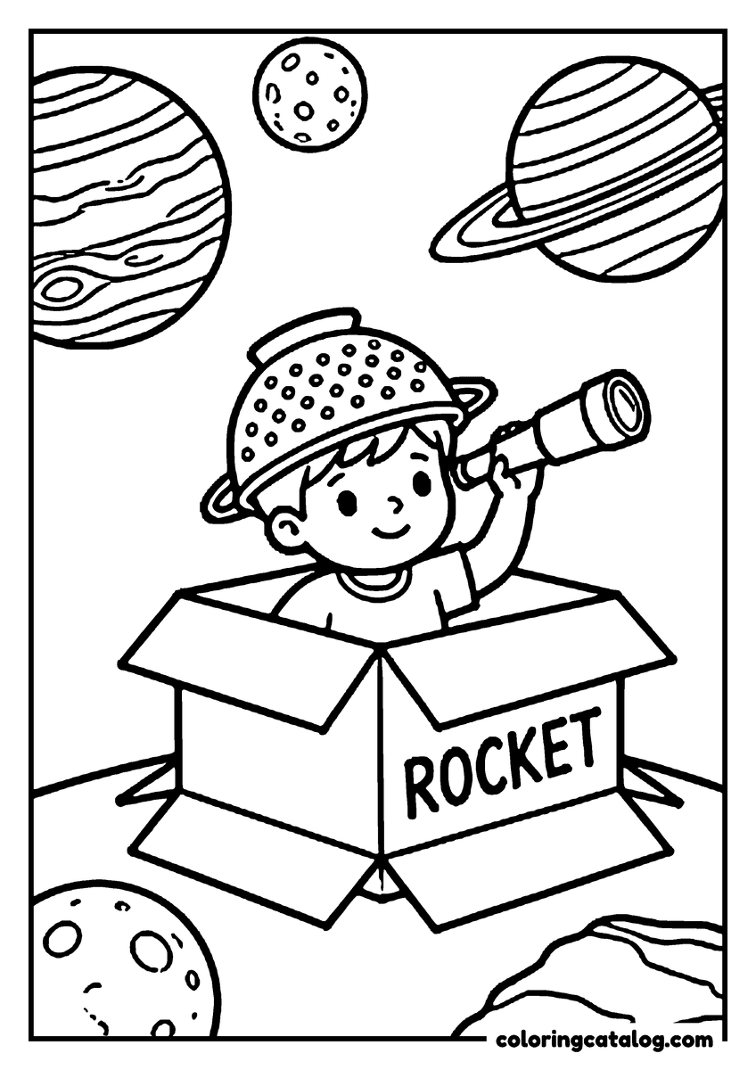Printable Planet coloring page: A child in a colander helmet looking through a spyglass from a ROCKET box