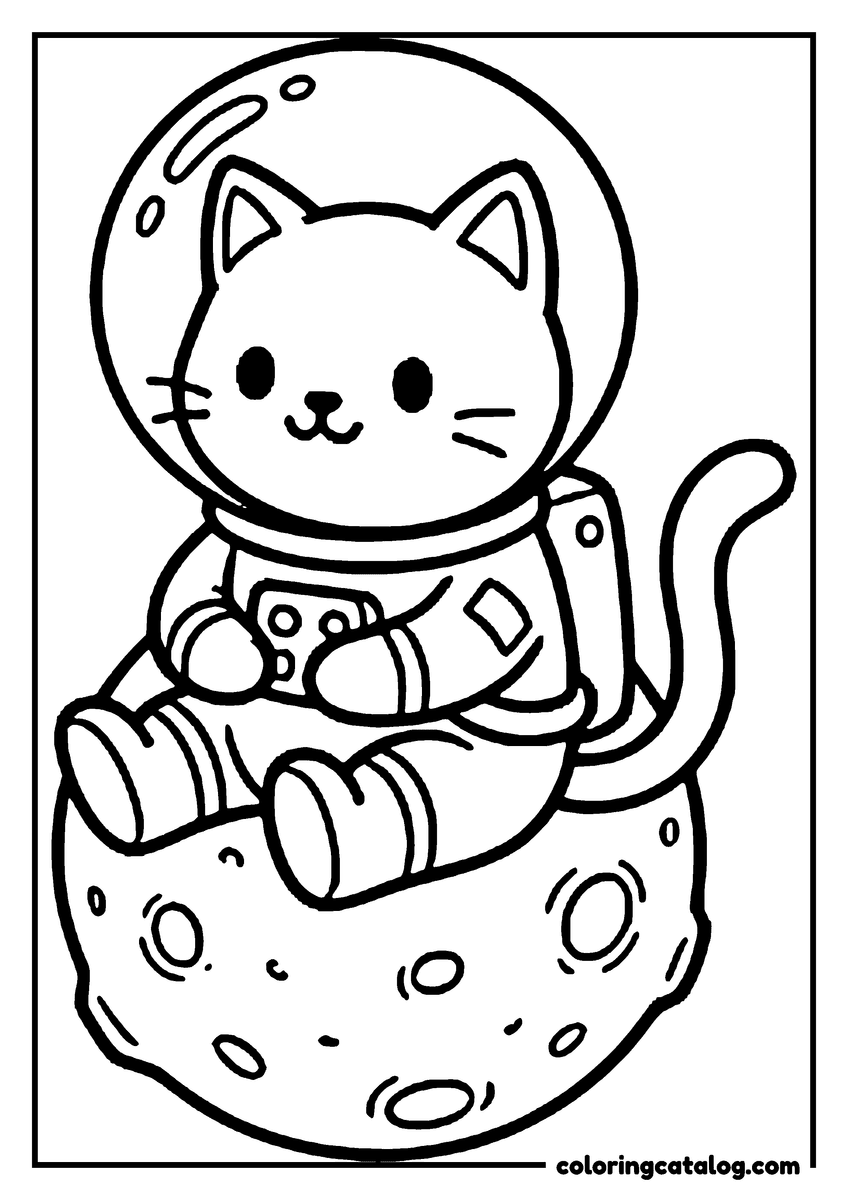 Free Planet coloring sheet: A cat astronaut sitting on the moon