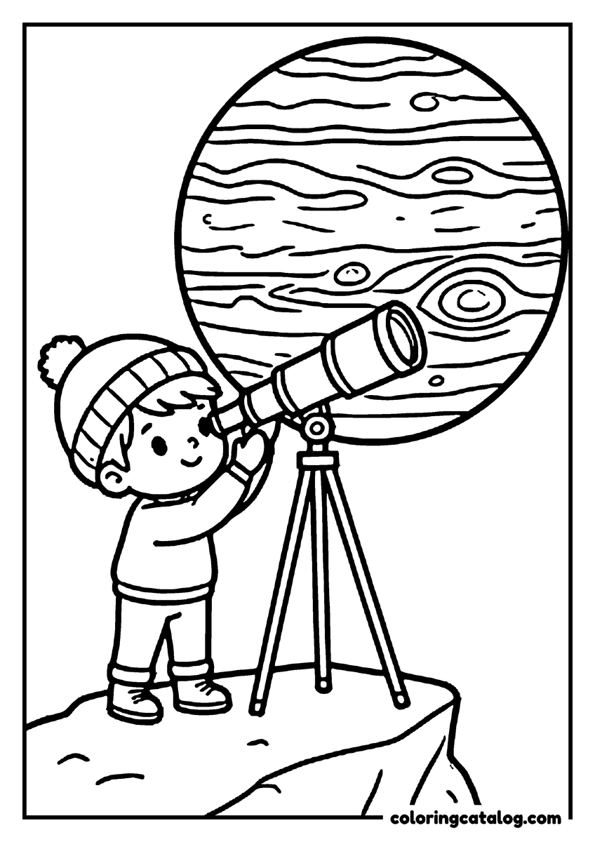 Free Planet coloring sheet: A child looking at Jupiter through a telescope