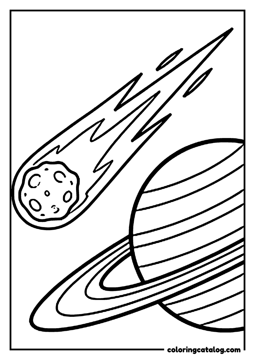 Coloring page: A comet streaking past a ringed planet