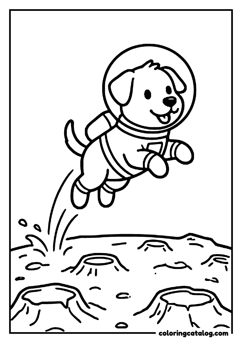 Printable Planet coloring page: A dog astronaut leaping over the moon's craters
