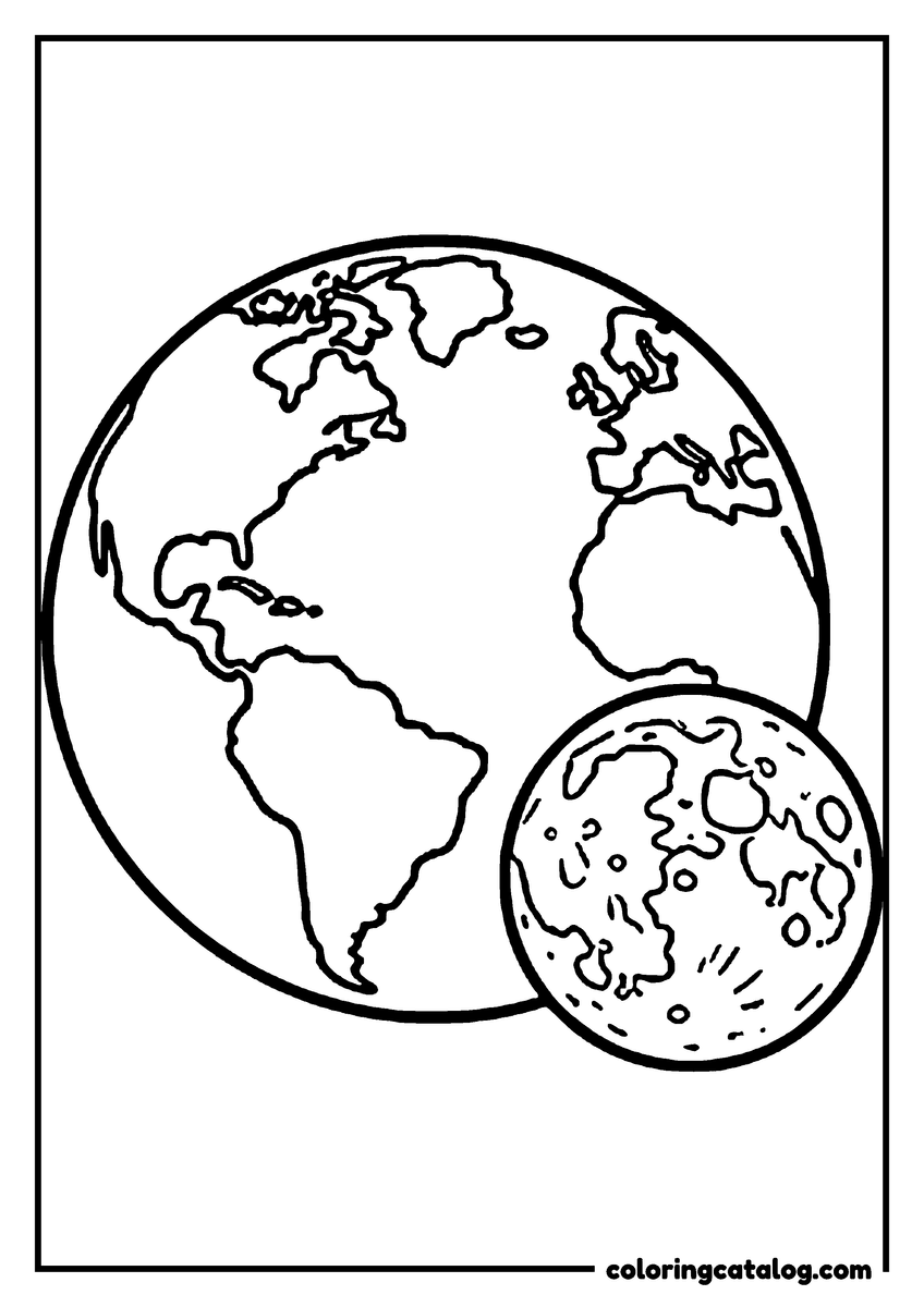 Free Planet coloring sheet: The Earth and the moon side by side