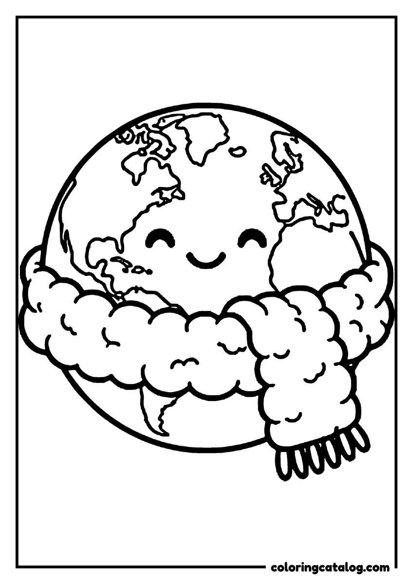 Planet coloring page: A smiling Earth wrapped in a cozy scarf
