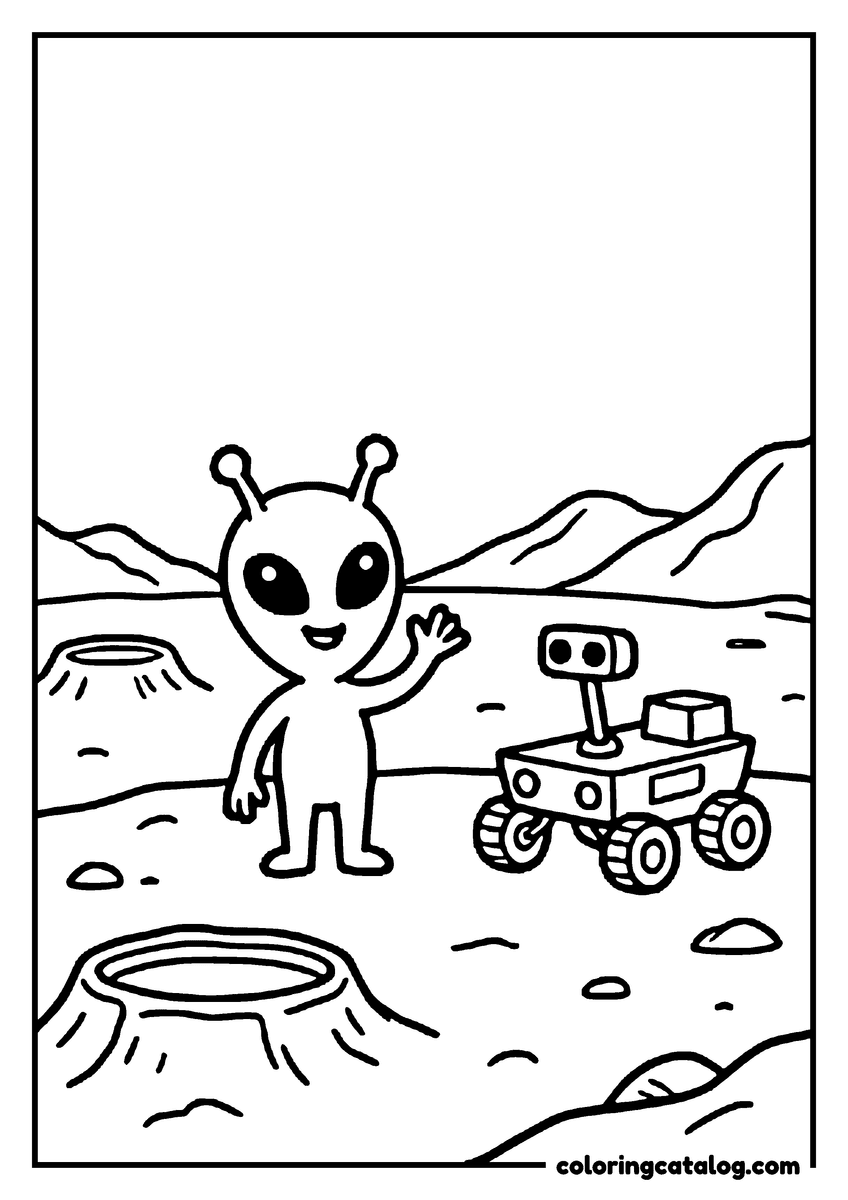 Printable Planet coloring page: A friendly alien waving beside a rover on the moon
