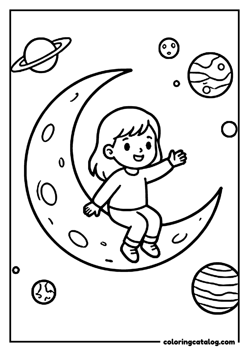 Free printable coloring sheet: A girl sitting on a crescent moon among the planets