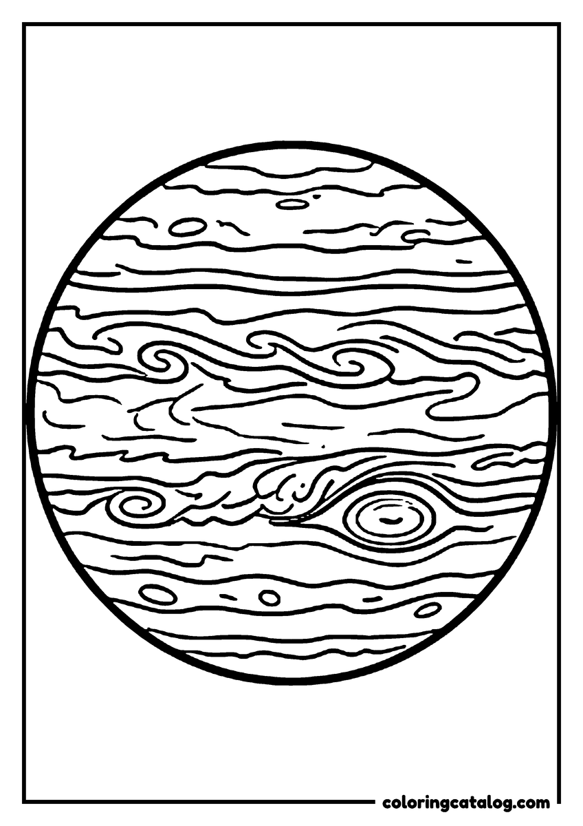 Free Planet coloring sheet: Jupiter with its bands and the Great Red Spot