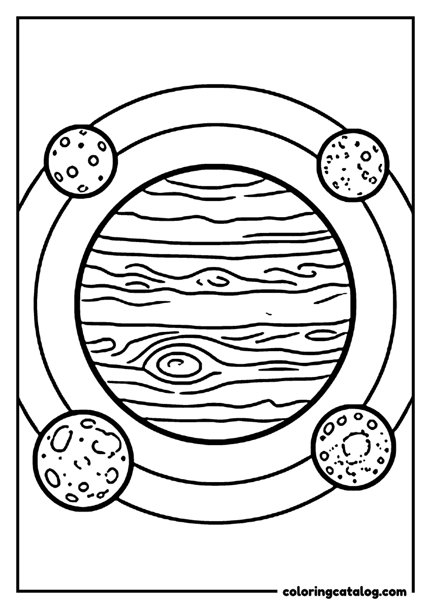 Free Planet coloring sheet: Jupiter surrounded by its four big moons
