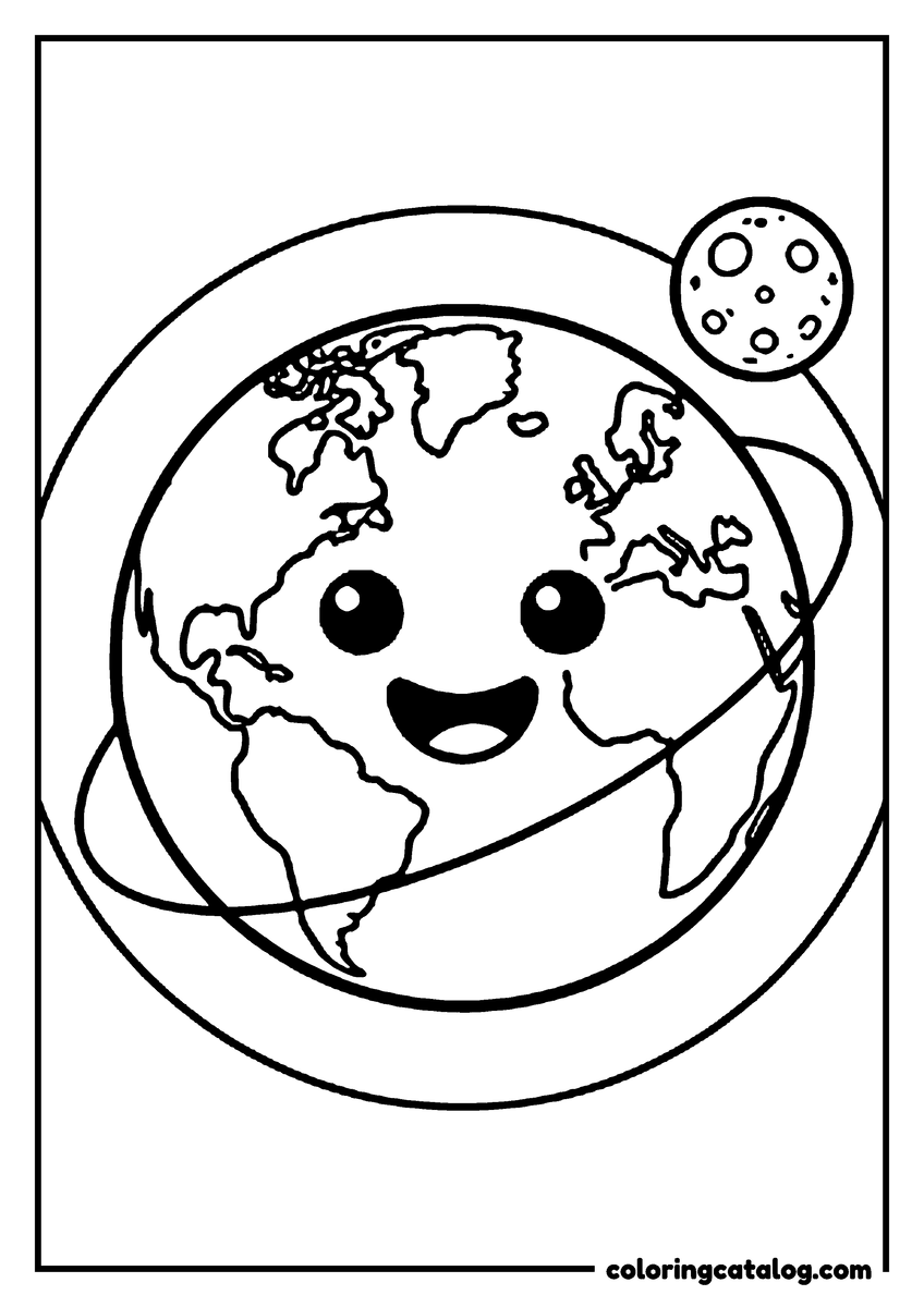 Printable Planet coloring page: A smiling kawaii Earth with the moon