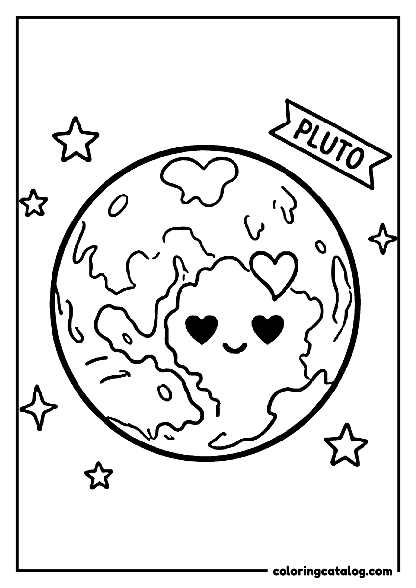 Planet coloring page: A kawaii Pluto with a heart and a PLUTO banner