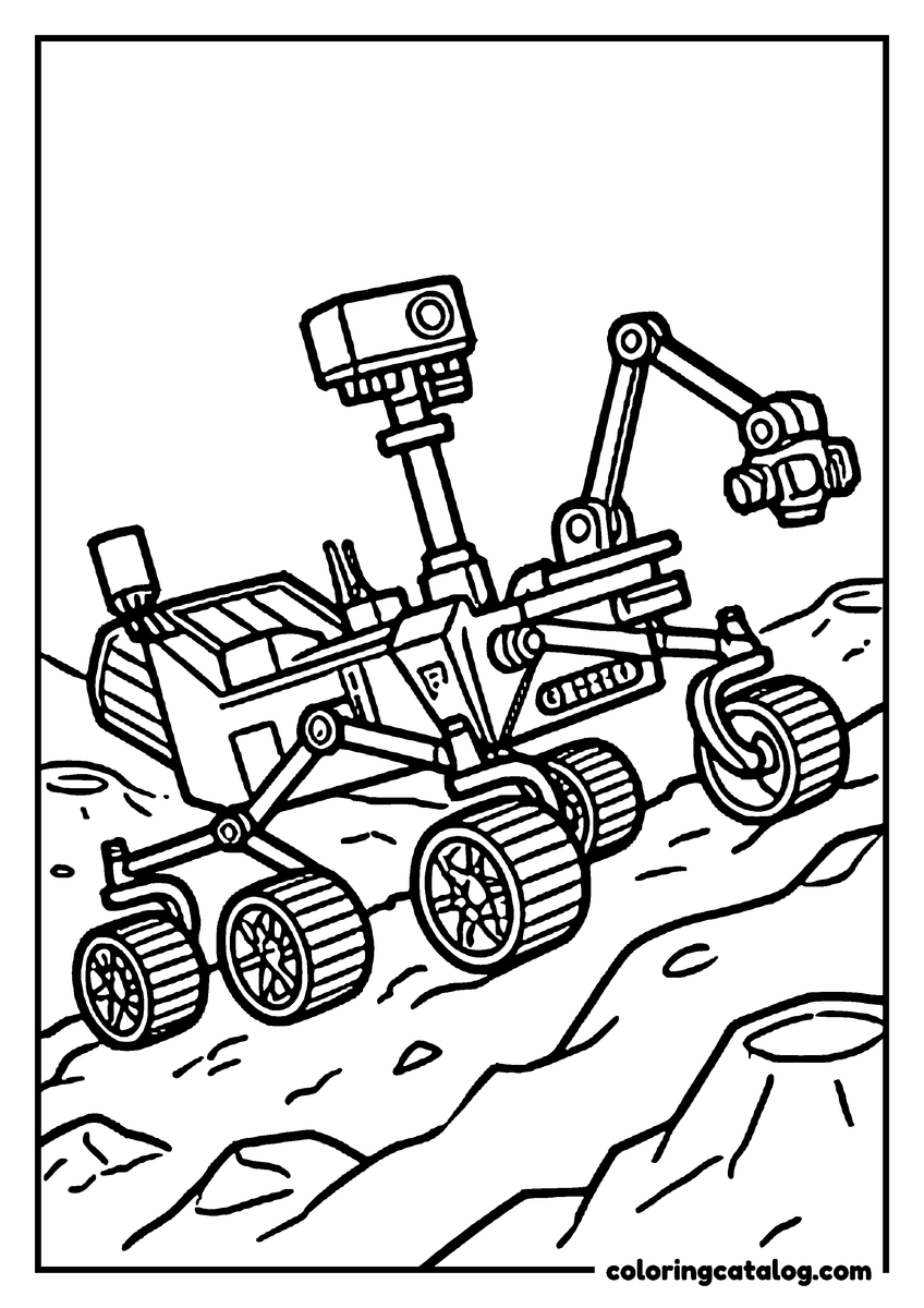 Planet coloring page: A Mars rover with its robotic arm on a rocky slope