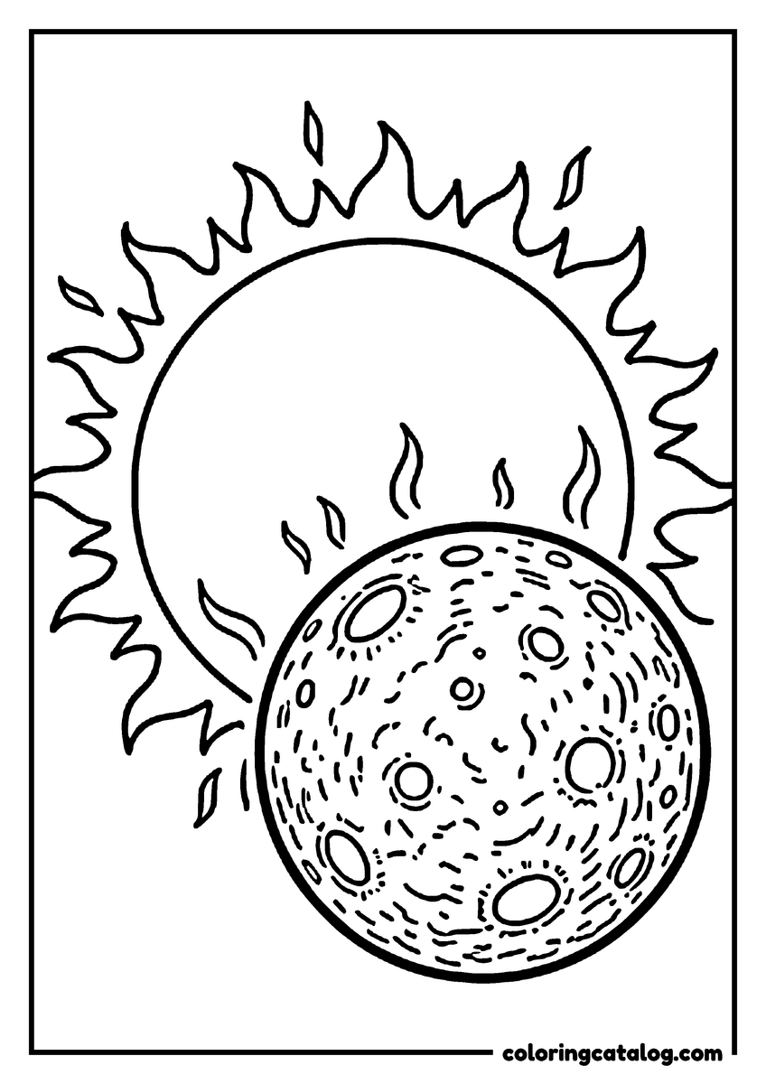 Printable Planet coloring page: Cratered Mercury in front of the blazing sun