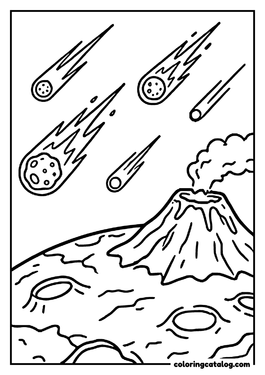 Printable coloring page: Meteors falling toward a volcano on a rocky planet