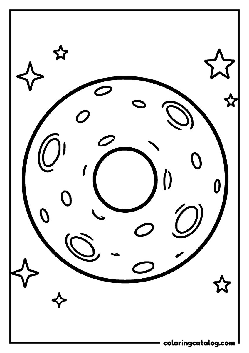 Planet coloring page: The moon covered in craters among the stars