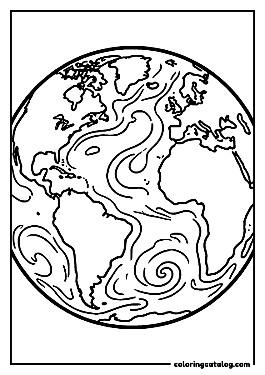 Free printable coloring sheet: Planet Earth with its continents and swirling clouds