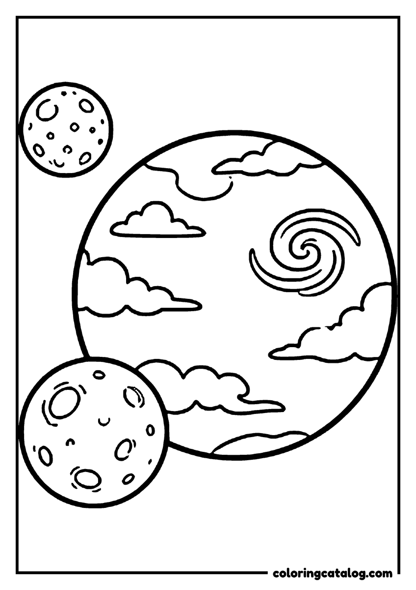 Coloring page: A planet with clouds and a spiral storm beside two moons