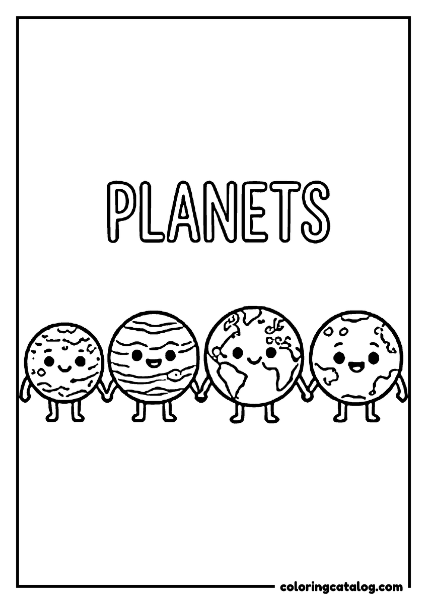 Printable coloring page: Four smiling planets holding hands under the word PLANETS