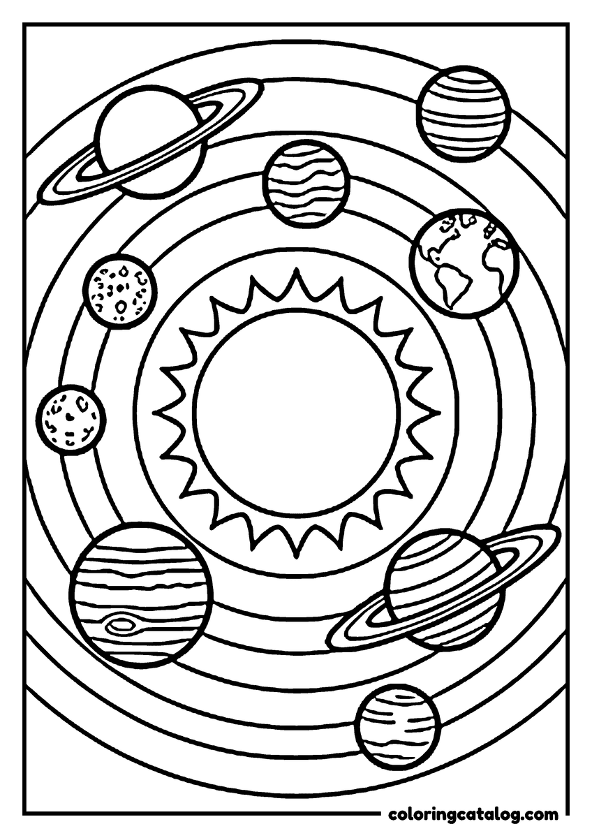 Printable coloring page: The planets on their orbits around the sun