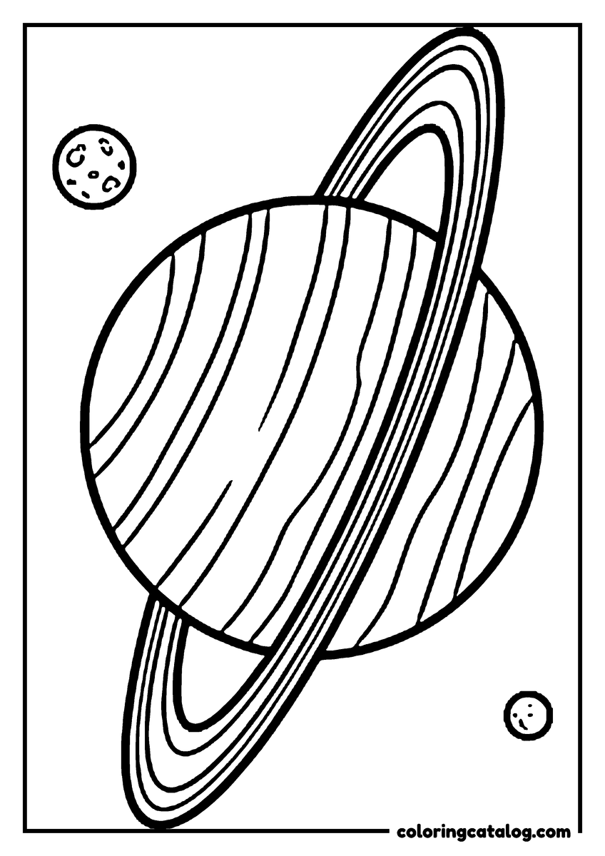 Printable coloring page: A tilted ringed planet with little moons