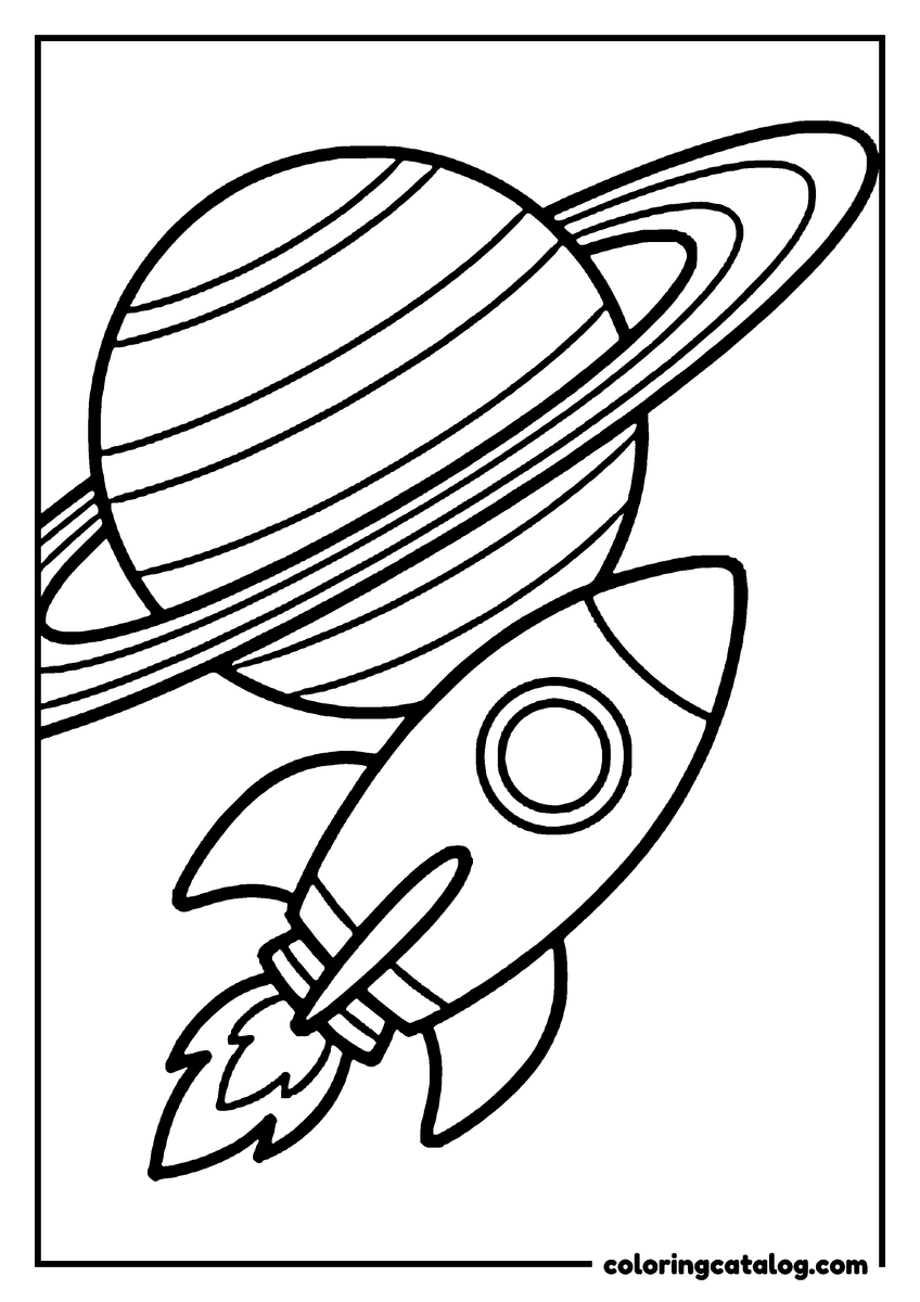 Planet coloring page: A rocket blasting past Saturn