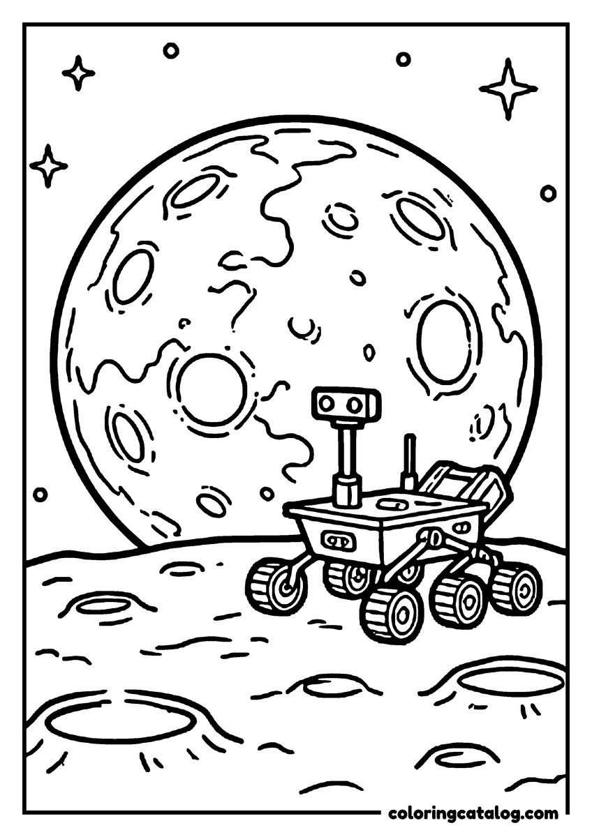 Free Planet coloring sheet: A rover exploring the cratered surface of the moon