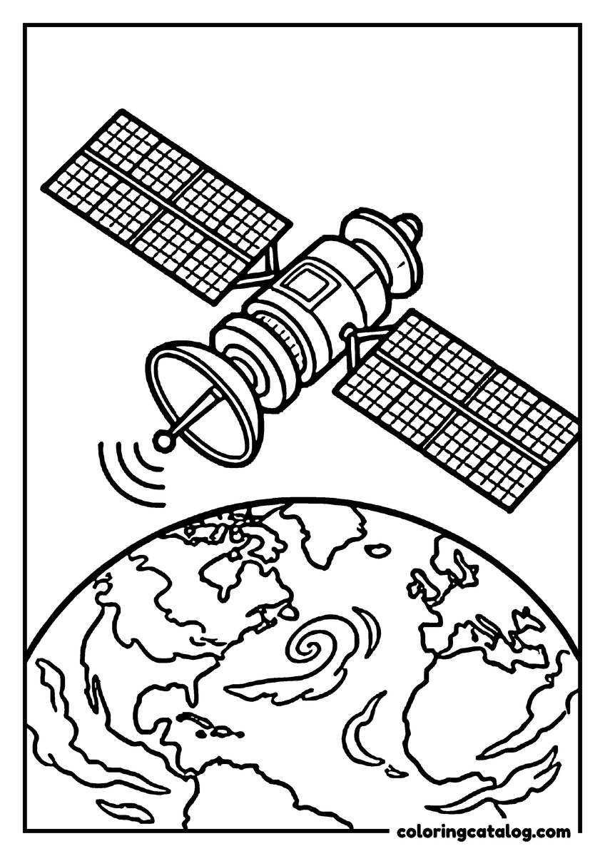 Free Planet coloring sheet: A satellite orbiting above the Earth