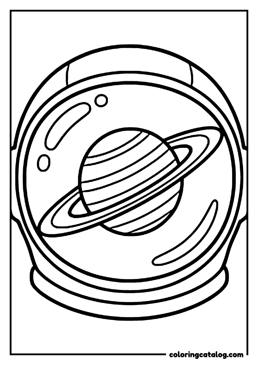 Free Planet coloring sheet: Saturn reflected in an astronaut's helmet visor