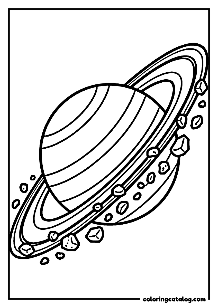 Free Planet coloring sheet: Saturn with rings of ice and rock
