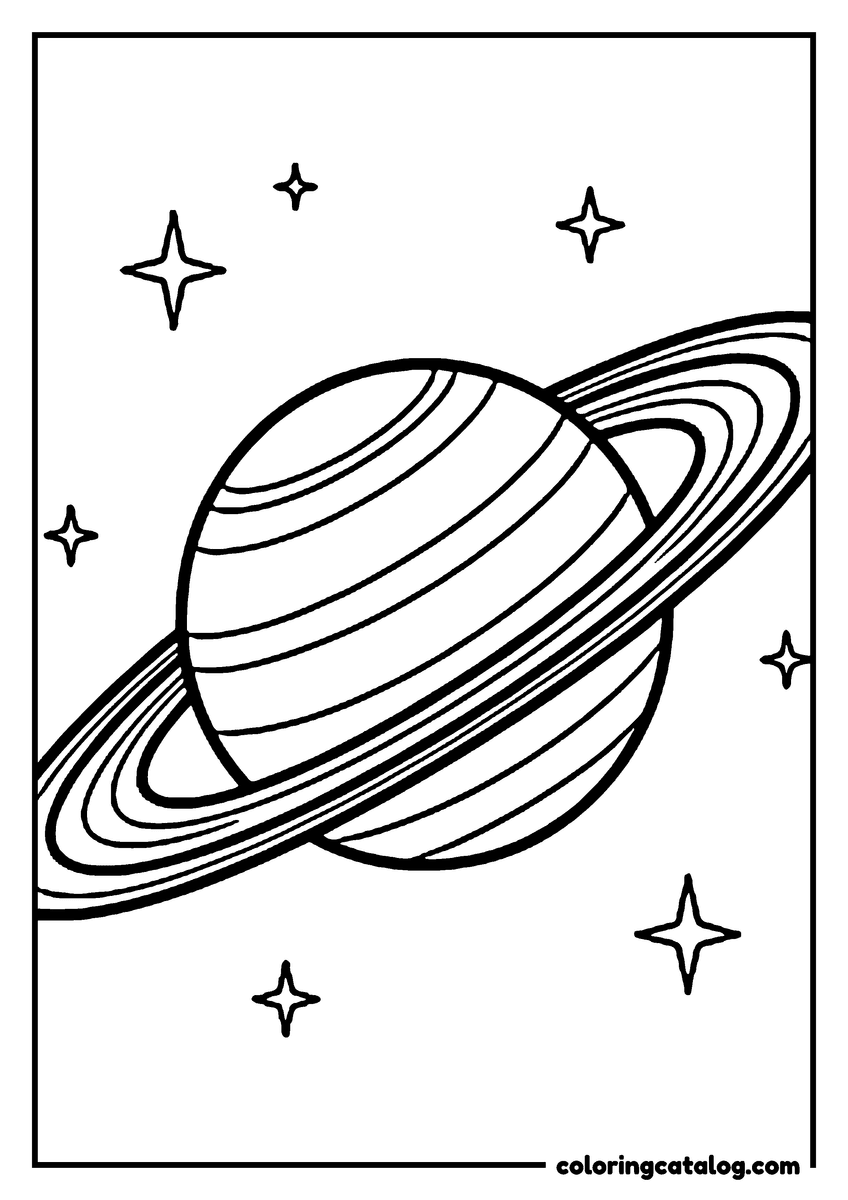 Printable Planet coloring page: Saturn and its rings among twinkling stars