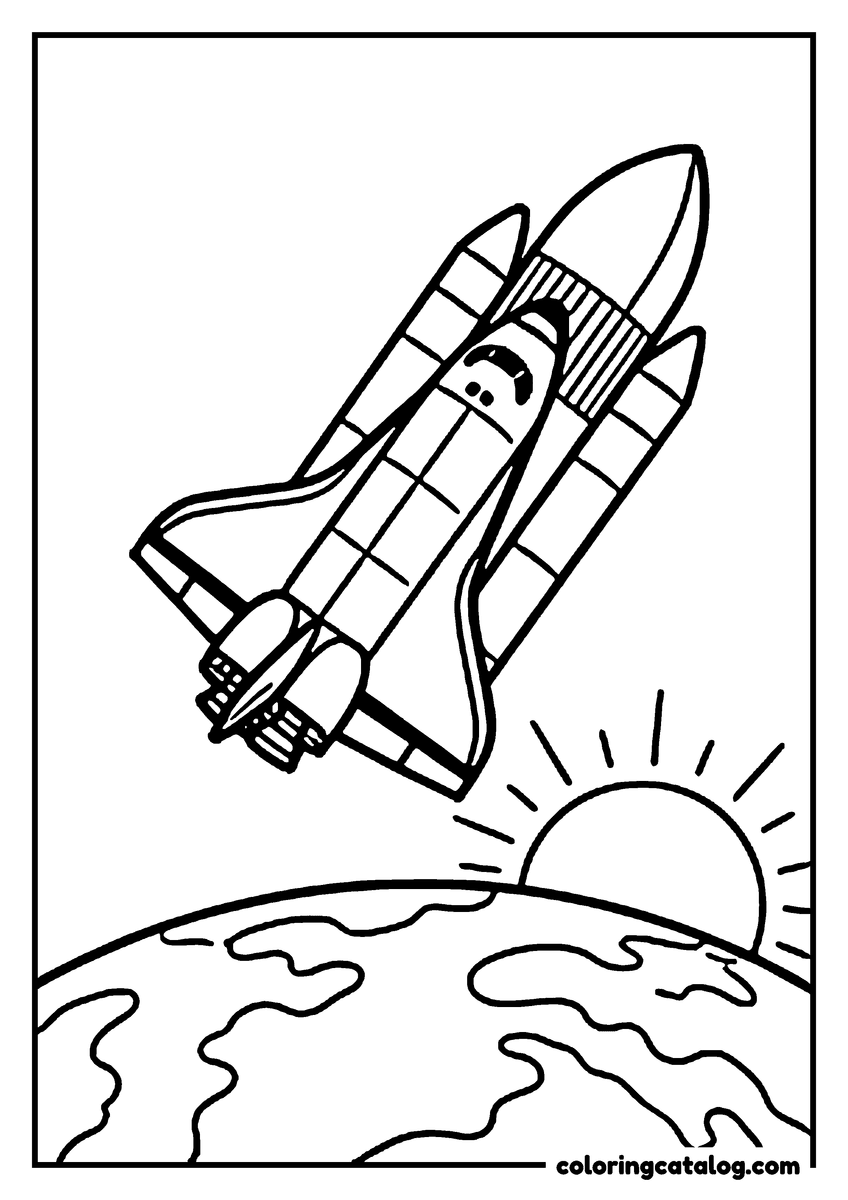 Printable Planet coloring page: A space shuttle rising above the Earth at sunrise