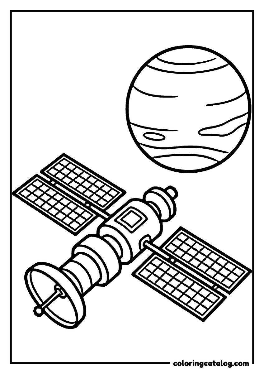 Free printable coloring sheet: A space station with solar panels near a planet