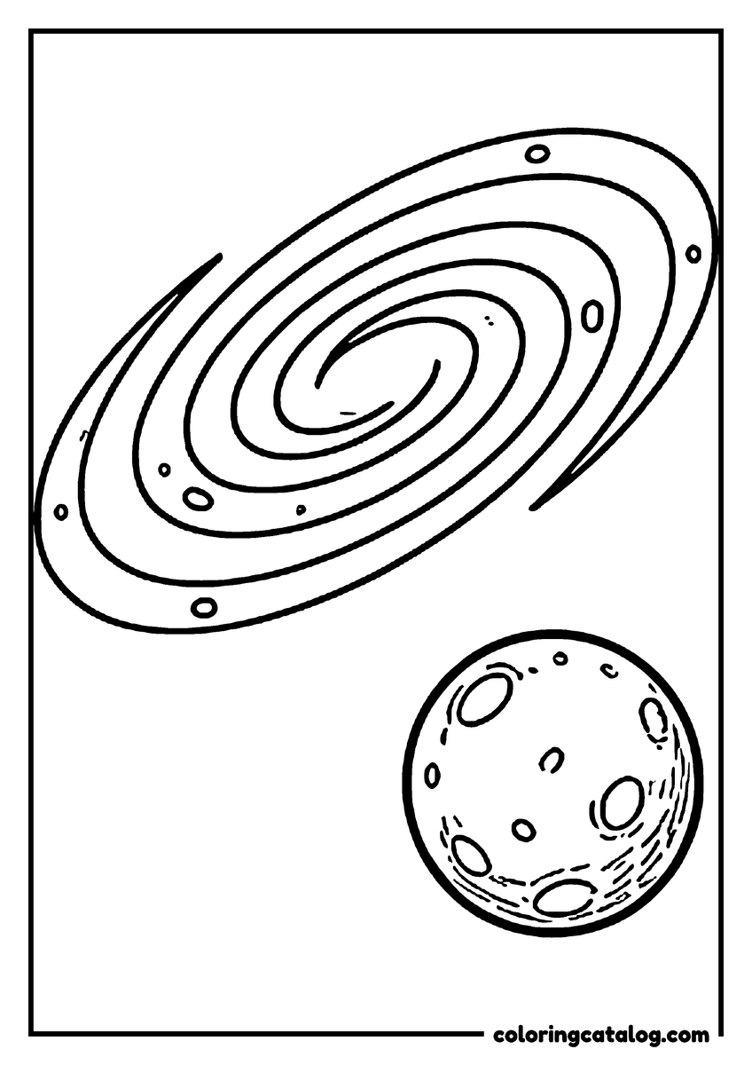 Free printable coloring sheet: A spiral galaxy and a planet