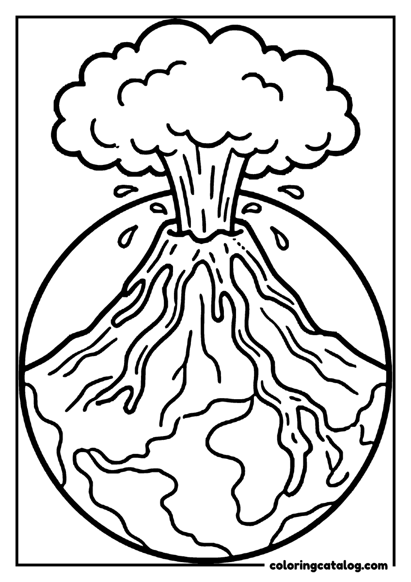 Coloring page: A giant volcano erupting on a planet
