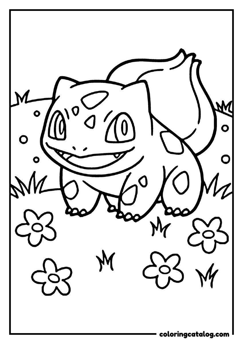 Free Pokemon coloring sheet: Bulbasaur, a cute grass-type Pokémon, is happily standing in a grassy field with flowers around it