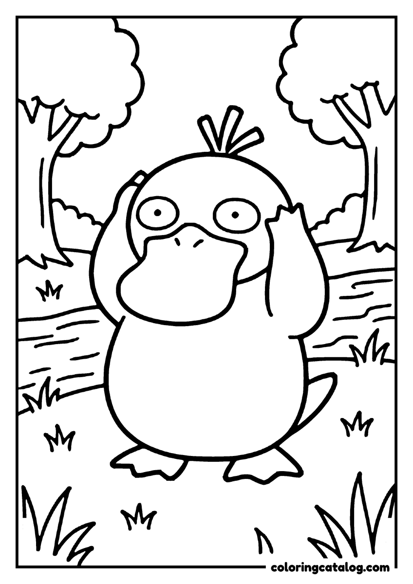Pokemon coloring page: Psyduck standing among trees and grass, looking up with a puzzled expression