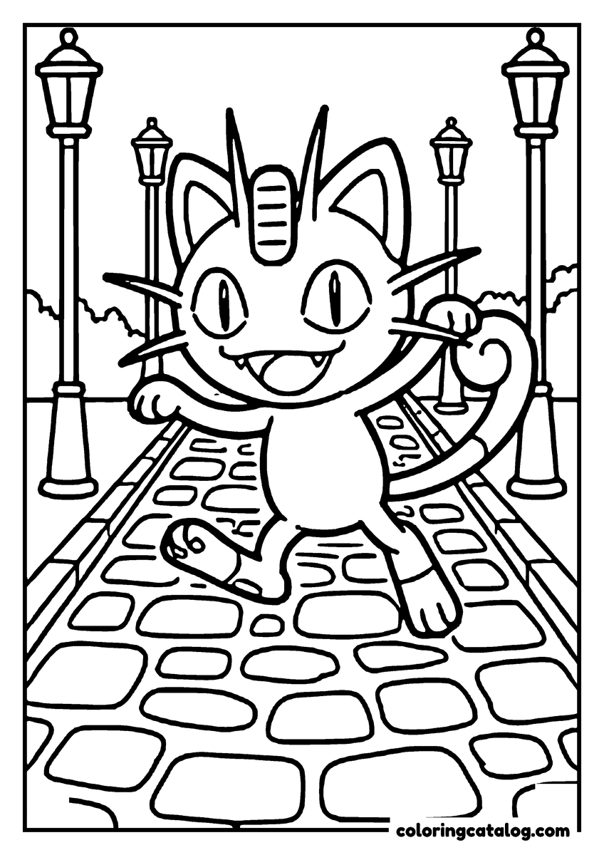 Pokemon coloring page: Meowth dancing on a cobblestone street between old-fashioned street lamps