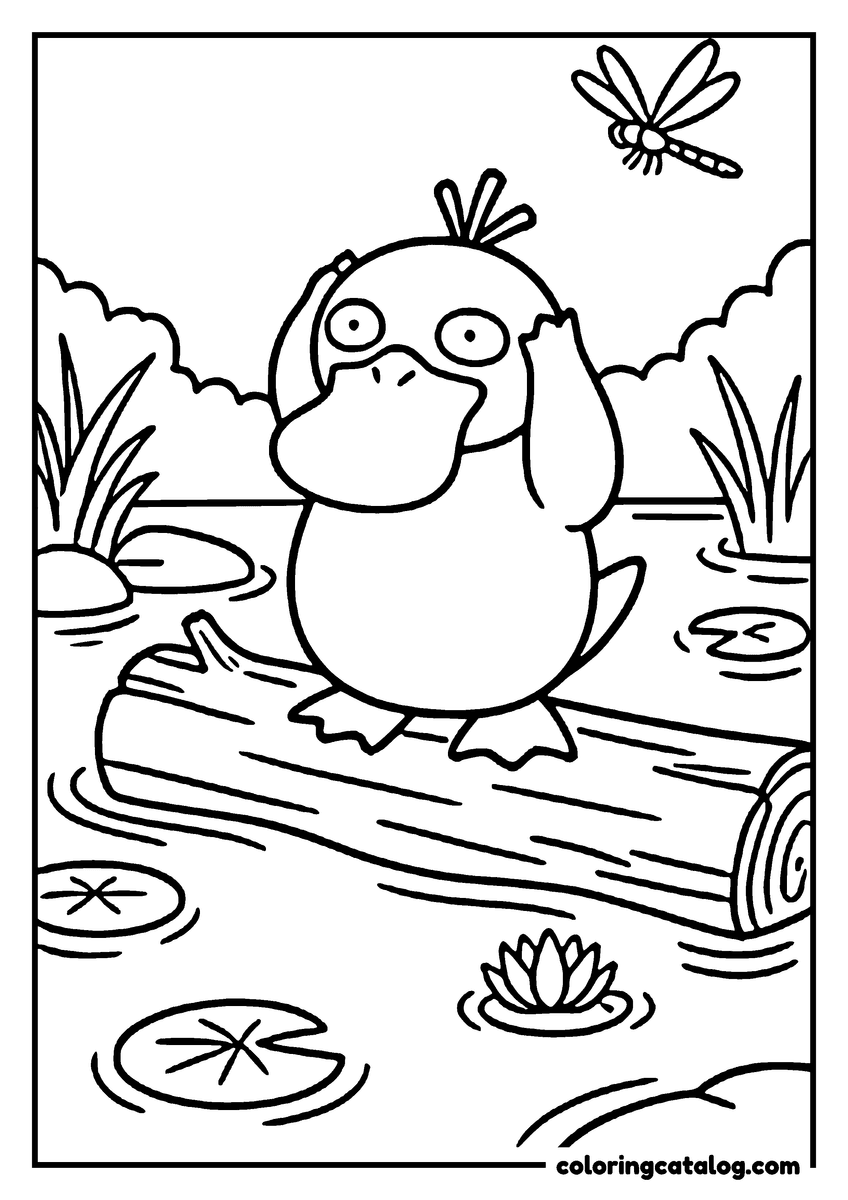 Printable Pokemon coloring page: Psyduck sits on a log in a pond, hands on its head, a dragonfly and lily pads nearby