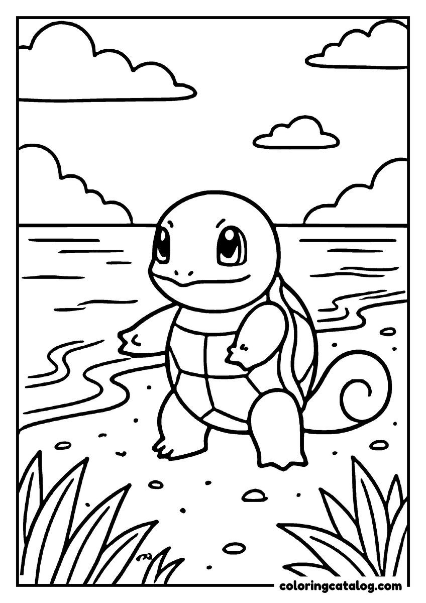Printable Pokemon coloring page: Squirtle stands on a muddy shore looking out at the water, clouds above