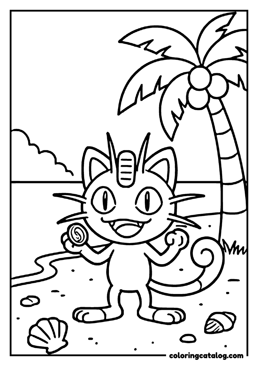 Free Pokemon coloring sheet: Meowth lifting a dumbbell on a beach, palm tree and seashells beside it