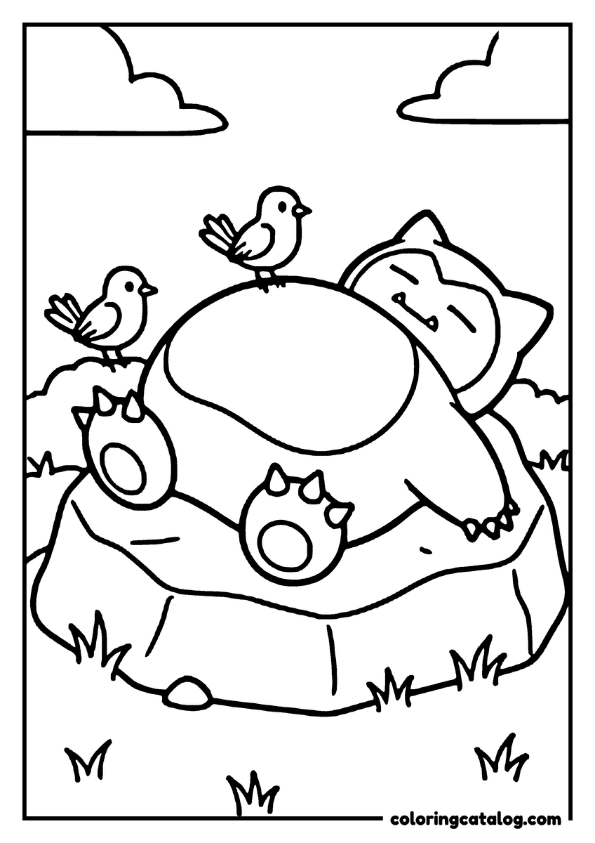 Free Pokemon coloring sheet: Snorlax asleep on a rock with two small birds perched on its belly, grass and clouds around
