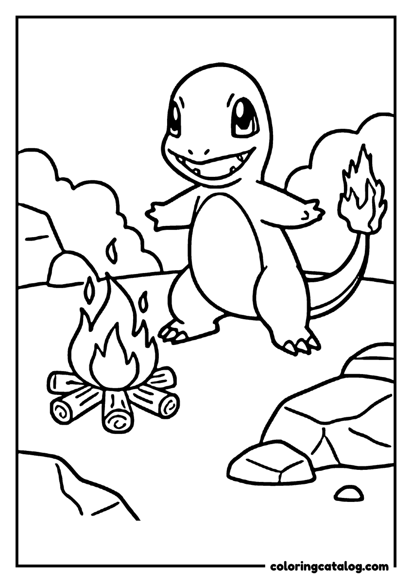 Free Pokemon coloring sheet: Charmander is standing by a campfire, waving with one hand, in a rocky outdoor setting