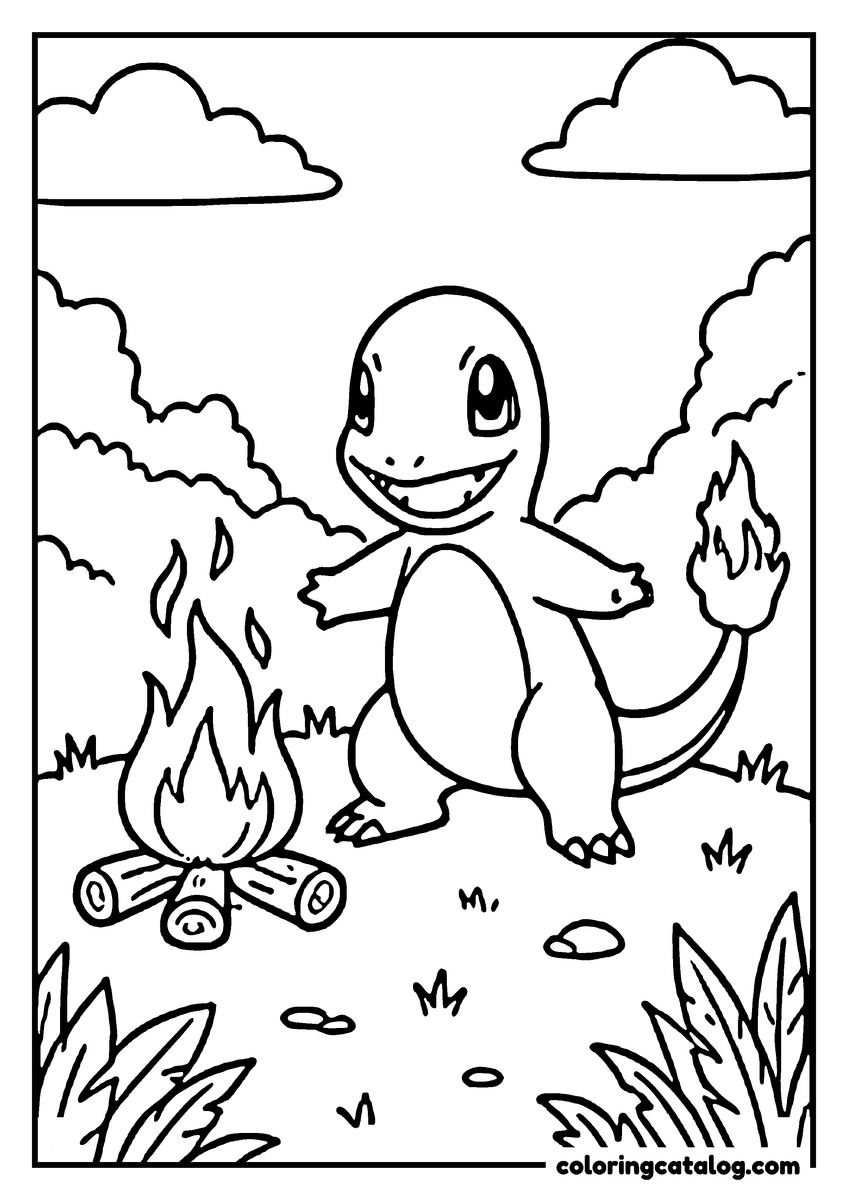 Free Pokemon coloring sheet: A Charmander stands by a campfire, holding a flame in its paw, with trees and clouds in the background