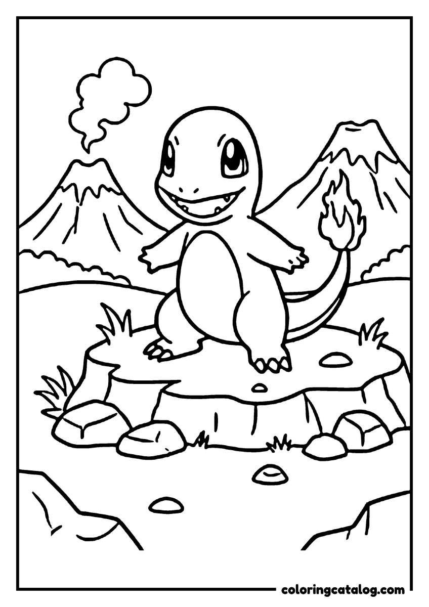Pokemon coloring page: A Charmander stands on a rock, smiling, with a volcano in the background