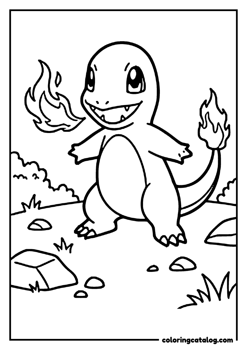 Pokemon coloring page: Charmander stands on rocky terrain, holding flames in each paw, ready to battle