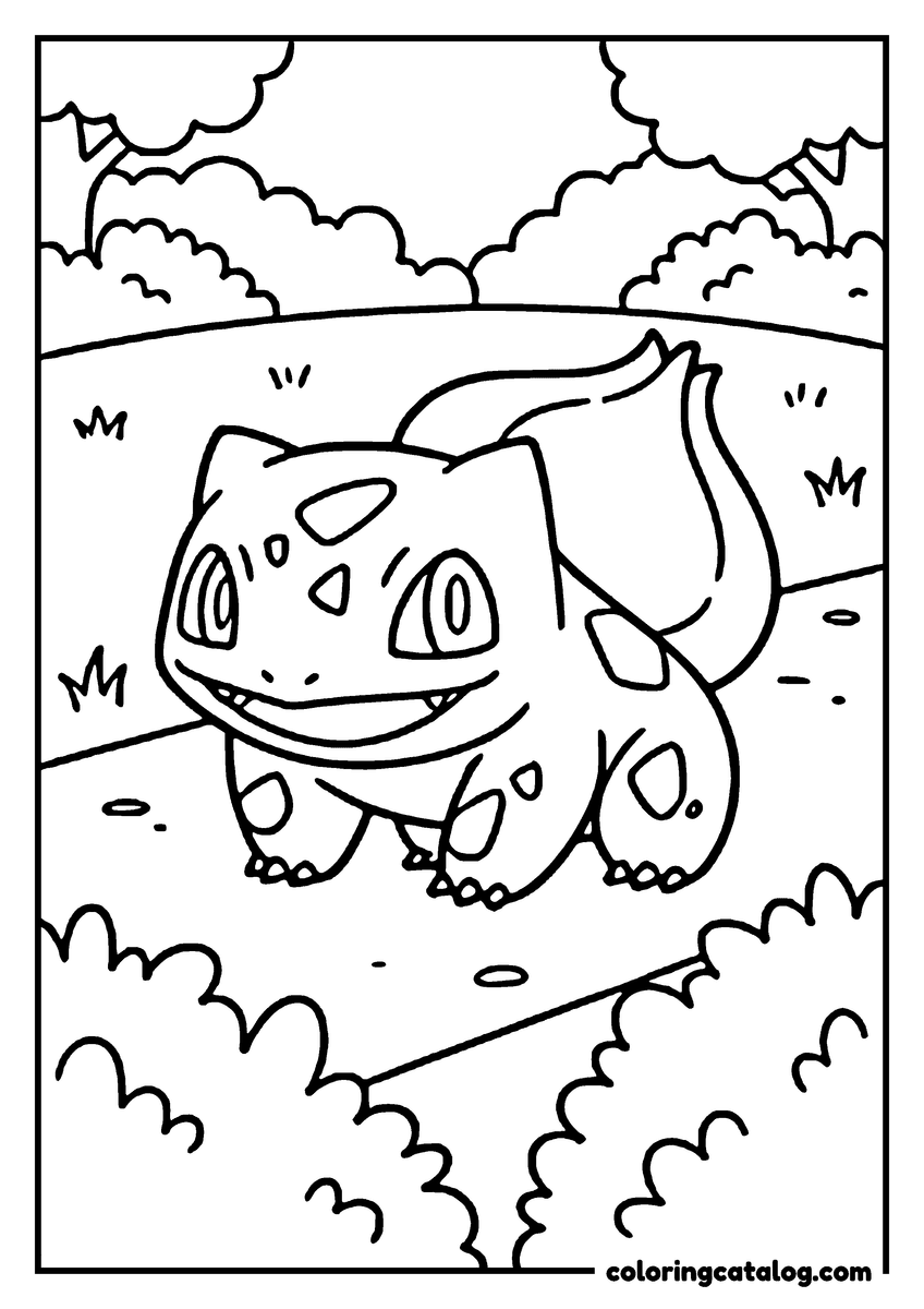 Pokemon coloring page: Bulbasaur stands on a grassy hill among bushes, smiling, with the bulb on its back