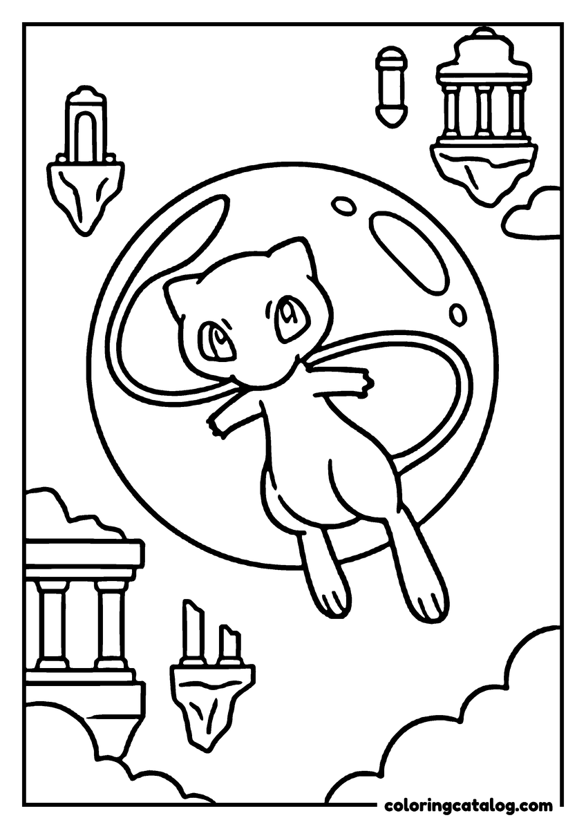 Printable Pokemon coloring page: Mew floating inside a bubble among ancient ruins and drifting lanterns